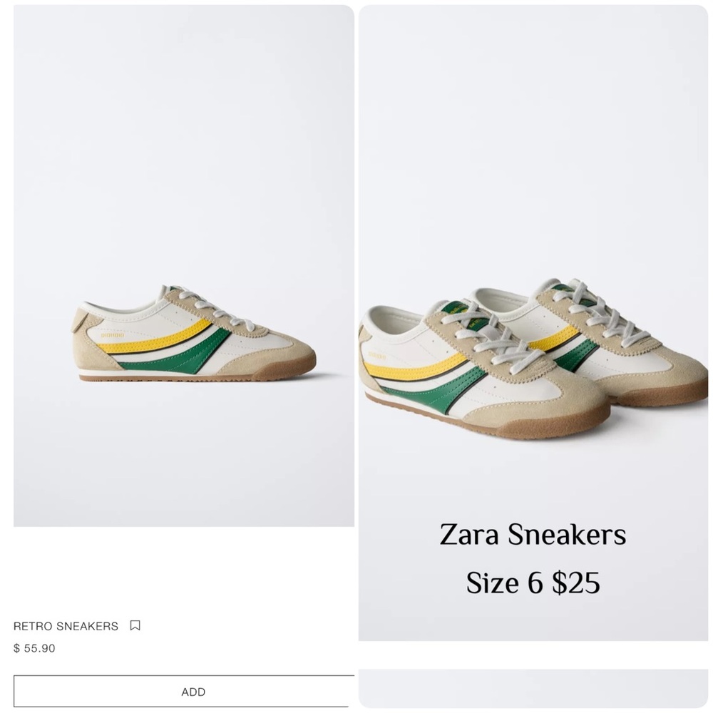 Zara Cream and Green Retro Sneakers